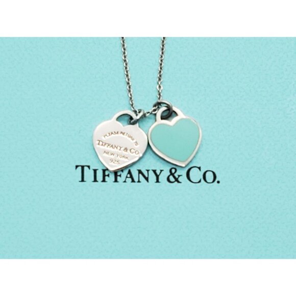 Tiffany & Co Blue Double Heart Tag Pendant Necklace Sterling Silver 18